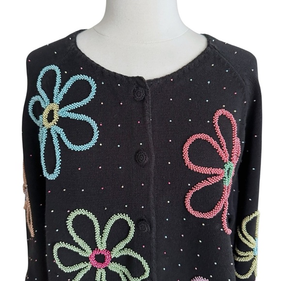MICHAEL SIMON Beaded Flower Cardigan Black Y2K Retro Whimsical Collectible Sz 1X - Picture 3 of 17